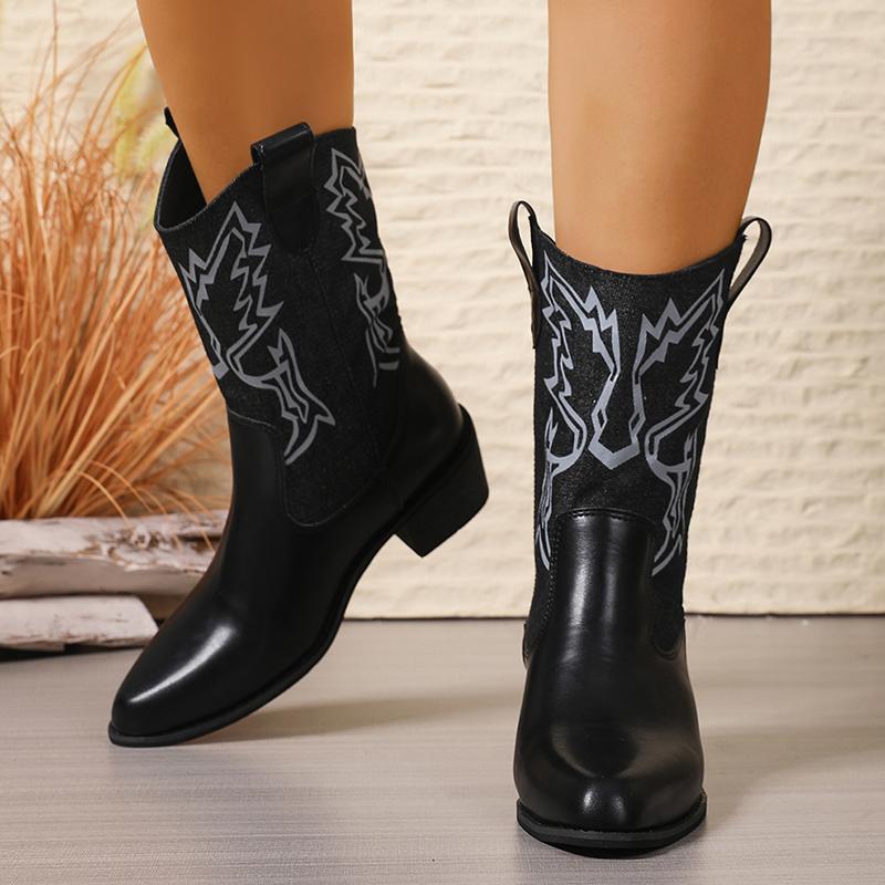 Women's Western Style Mid-Calf Boots Brown Retro Embroidered PU Leather Boots Woman Pointed Toe Chunky Heel Cowboy Botas Mujer