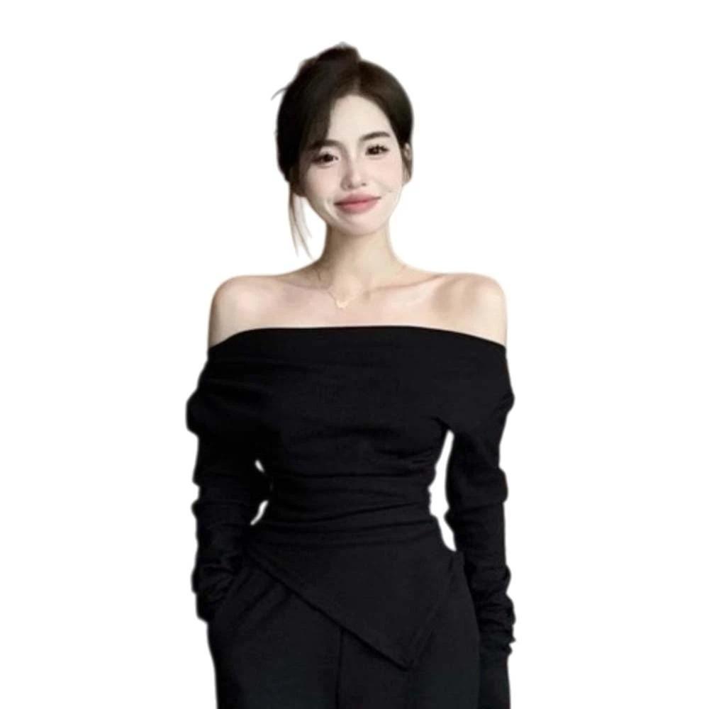 

Korean Y2K Ins Slim Fit Crop Tops Off-shoulder Long Sleeve Tops Unusual Bottoming T-shirt Women L Length 54cm чорний