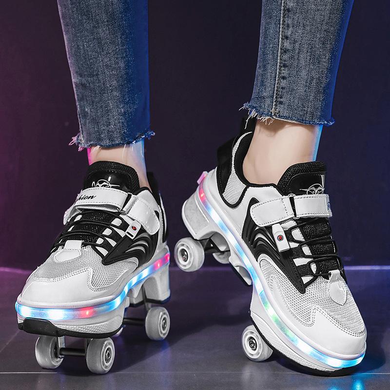 Kids Glowing Sneakers Kids Roller Skates for 6-15 Years Old Four-wheel Deformation Can Walk Can Skate Skates Mens Roller Sneakers
