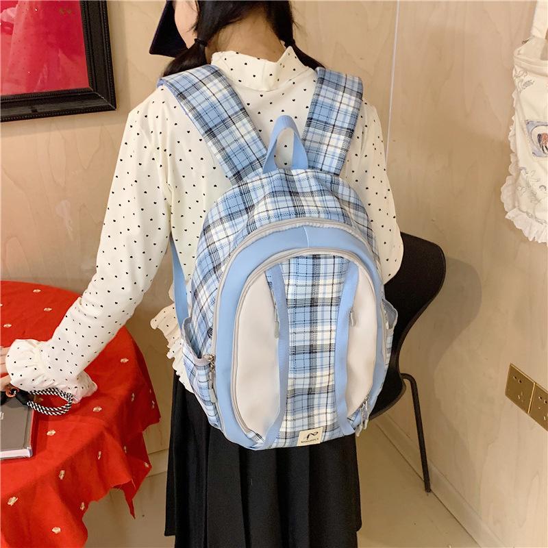 Schoolbag College Plaid Backpack Women's New Large Capacity Canvas Backpack Student School Bag Simple Personality Plaid School Bag