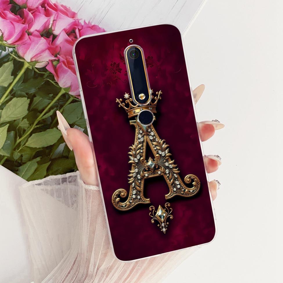 For Nokia 6 2018 Case Cover Transparent Luxury Crown A-Z Letters 2D Flat Pattern Soft Casing For Nokia 6