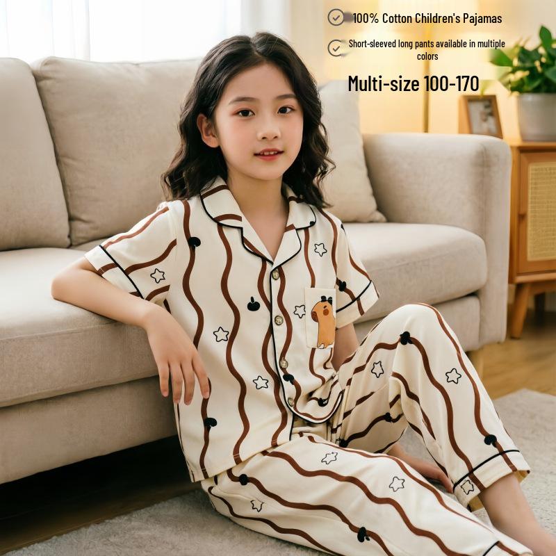 Children's Cartoon Cotton Pajama Set - Short Sleeve, Long Pants for Boys & Girls