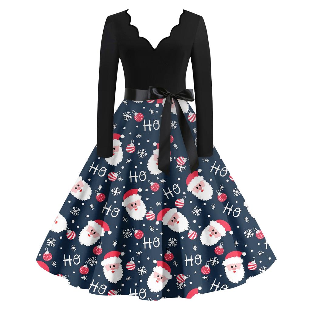 Women's Casual Fashion Christmas Holiday Print V-neck Vintage Dress