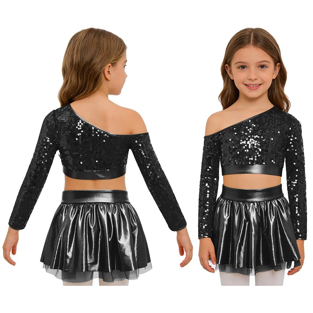Kids Girls Jazz Dance Costume One Shoulder Long Sleeve Sequins Top with Elastic Waistband Metallic Tutu Skirt for Performance Competition