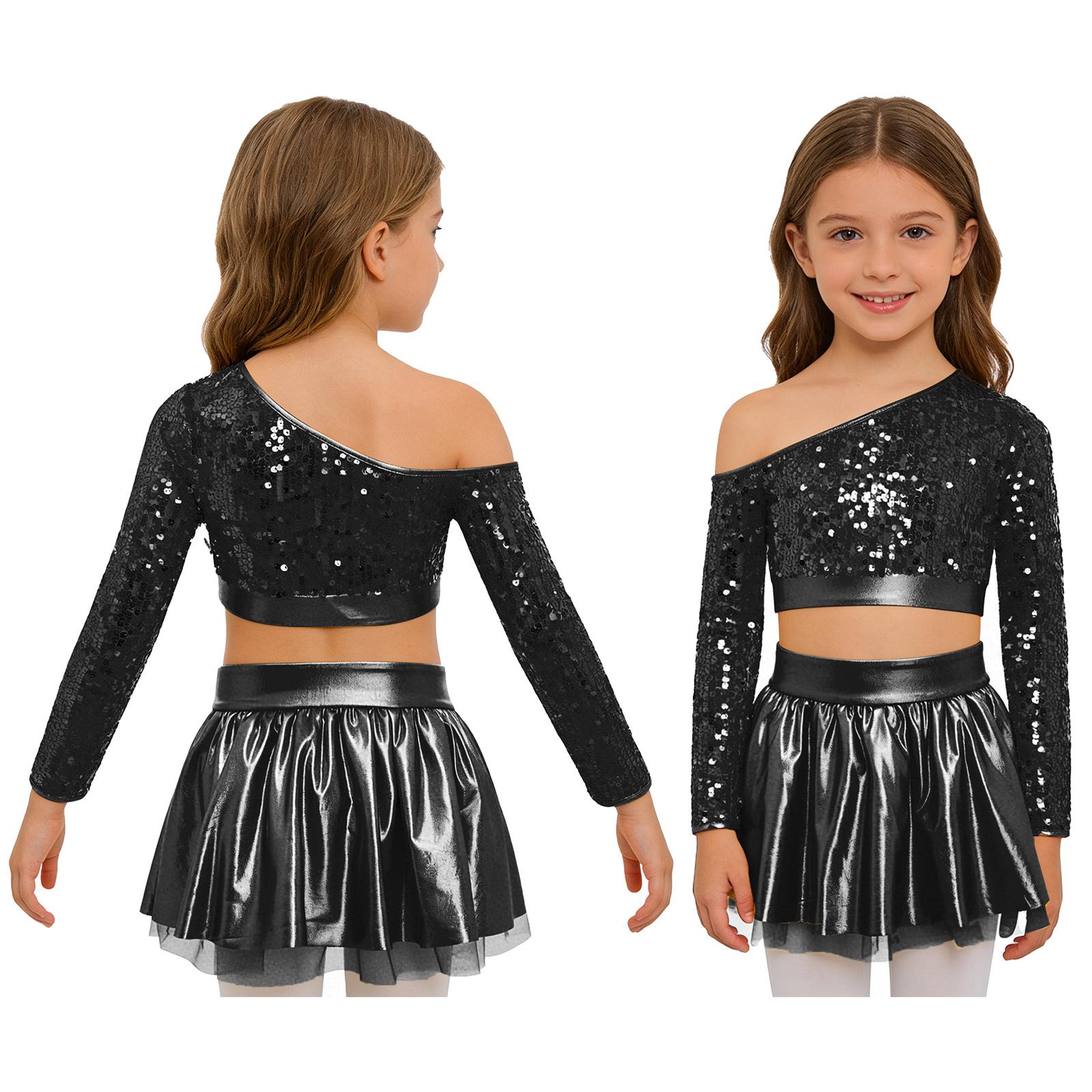 

Kids Girls Jazz Dance Costume One Shoulder Long Sleeve Sequins Top with Elastic Waistband Metallic Tutu Skirt for Performance Competition 5-6 Years чорний