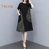 Women Midi Dress Round Neck Short Sleeve Loose Fit Summer Dress with Pockets Patchwork Color Lightweight Casual Dress