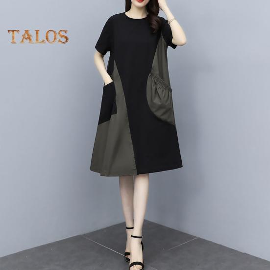 Women Midi Dress Round Neck Short Sleeve Loose Fit Summer Dress with Pockets Patchwork Color Lightweight Casual Dress