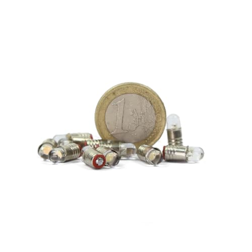 Set of 10 Warm White LED Screw Bulbs and Stands (E5, E5.5, 12V-14V) for Diorama Lighting, Model Trains, Railways, Buildings, and Dioramas (E505WMT-10J