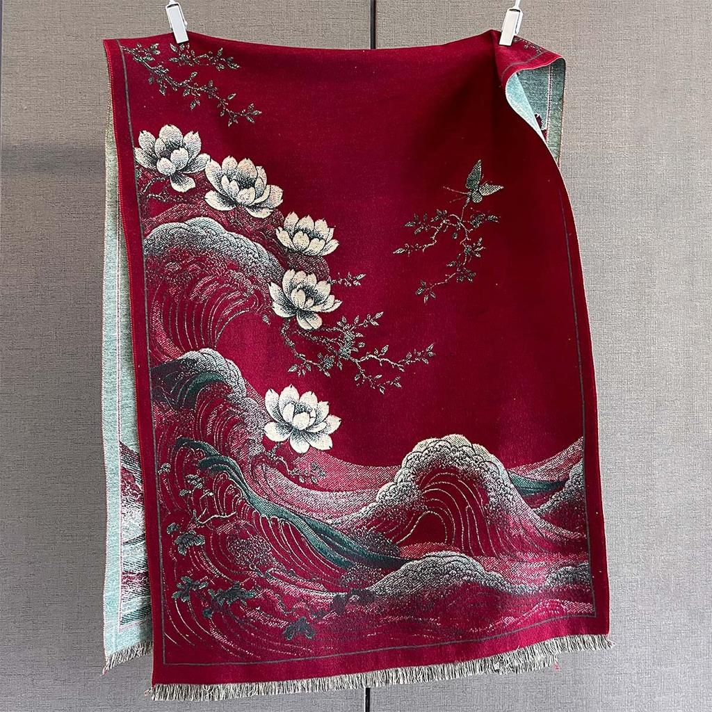 Autumn New Plant Flower Print Scarf Autumn and Winter Imitation Cashmere High-end Warm Scarf Shawl Women