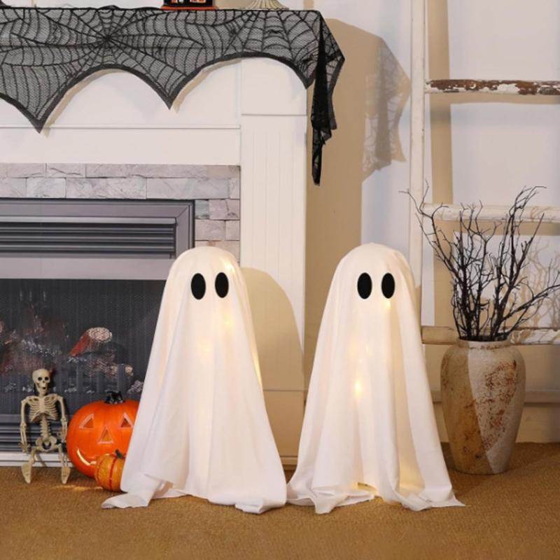 Set of 2 Halloween Phantom Figure Ornament Lighted Cloth Phantom Figure Decoration for Entry Cabinets, Porch Spots, Shelf Placement, and Home Use