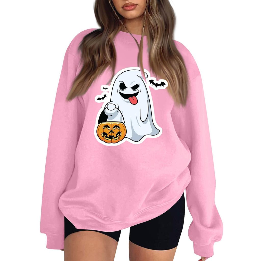 Women's Color Neck Long Sleeve Loose Fit Sweatshirt with Halloween Print