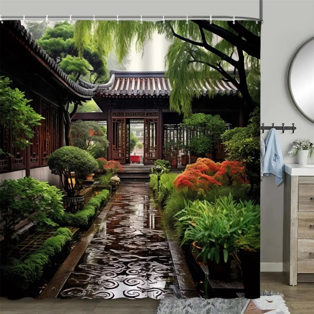 Chinese Style Shower Curtain Vintage Wood Board Garden Building Green Plant Bamboo Pattern Bathroom Decor Curtain Set