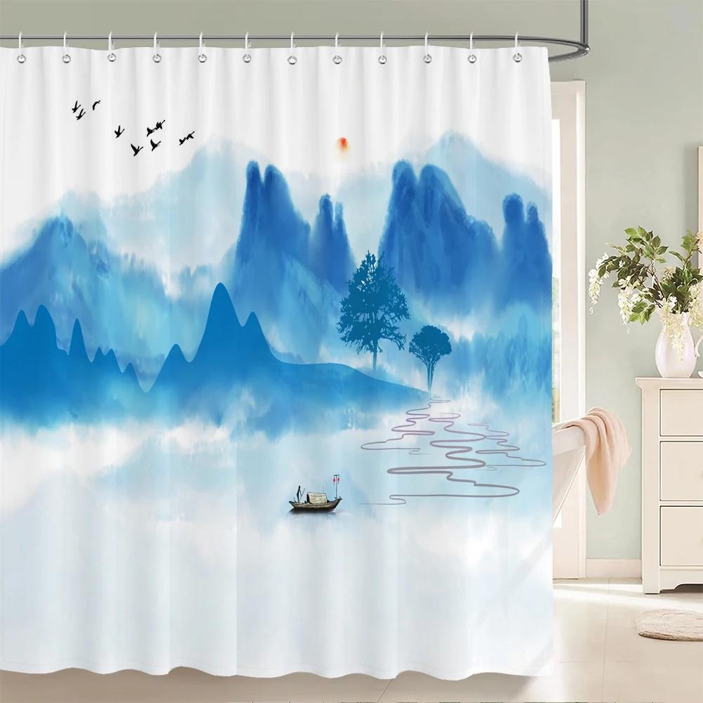Chinese ink landscape style shower curtain scenic pattern Waterproof Fabric bath curtain washable Bathroom curtains Multi Size