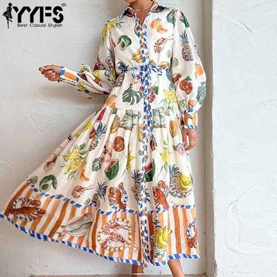 Kadın Moda Bahar Sonbahar Renk Blok Baskılı Uzun Kollu POLO Yaka Yüksek Bel Günlük Elbiseler