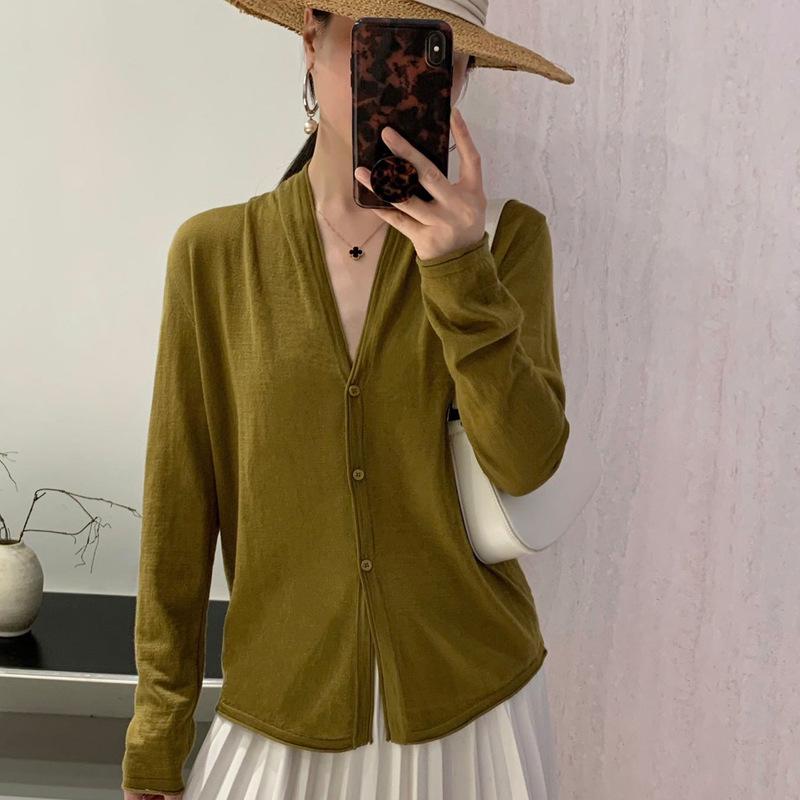 Women's V-Neck Lightweight Wool Cardigan - Ribbed Knit, Pleated, Long Sleeve, Versatile Layer