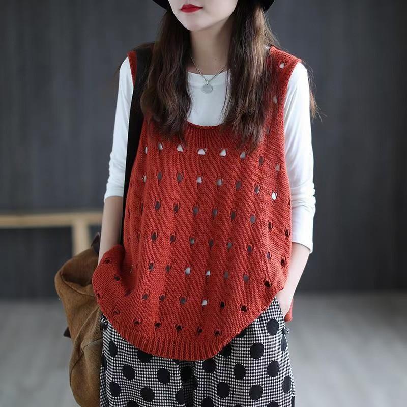 Hollow Sweater Large Size Vest Women's Korean Version Loose Casual Sleeveless Vest Solid Color Ripped Knitted Sweater Women's Tide