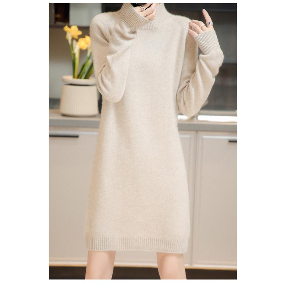 Half Turtleneck Sweater Mid-length Solid-color Knitted Dress for Women Casual Loose Pullover Autumn and Winter Top