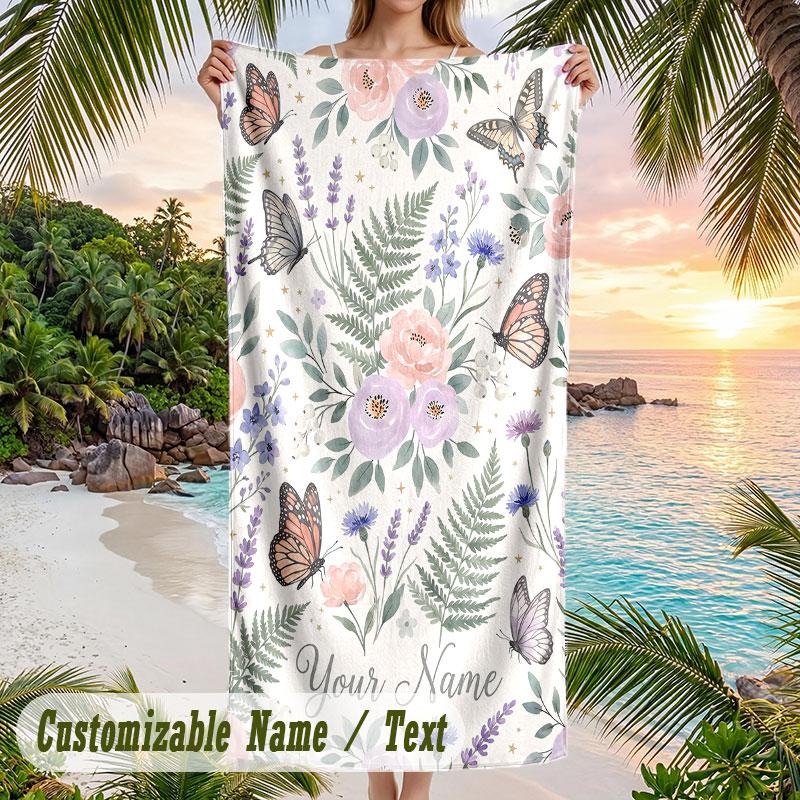 Butterflies Ferns Theme Quick Dry Beach Towel Custom Name Text Print Large Sand Resistant Towel Beach Vacation