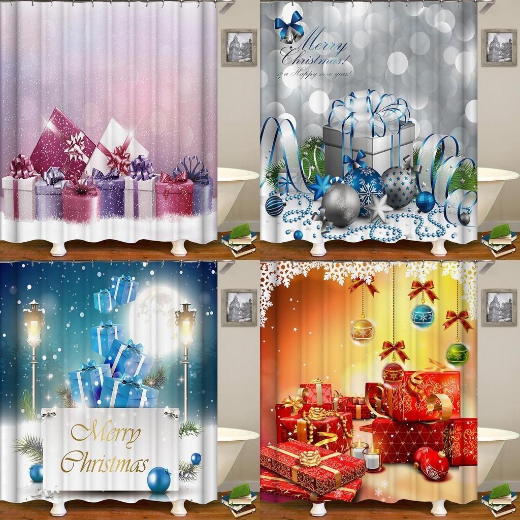 Festive Christmas Gift Boxes In Snow Shower Curtain Waterproof Fabric With Hooks