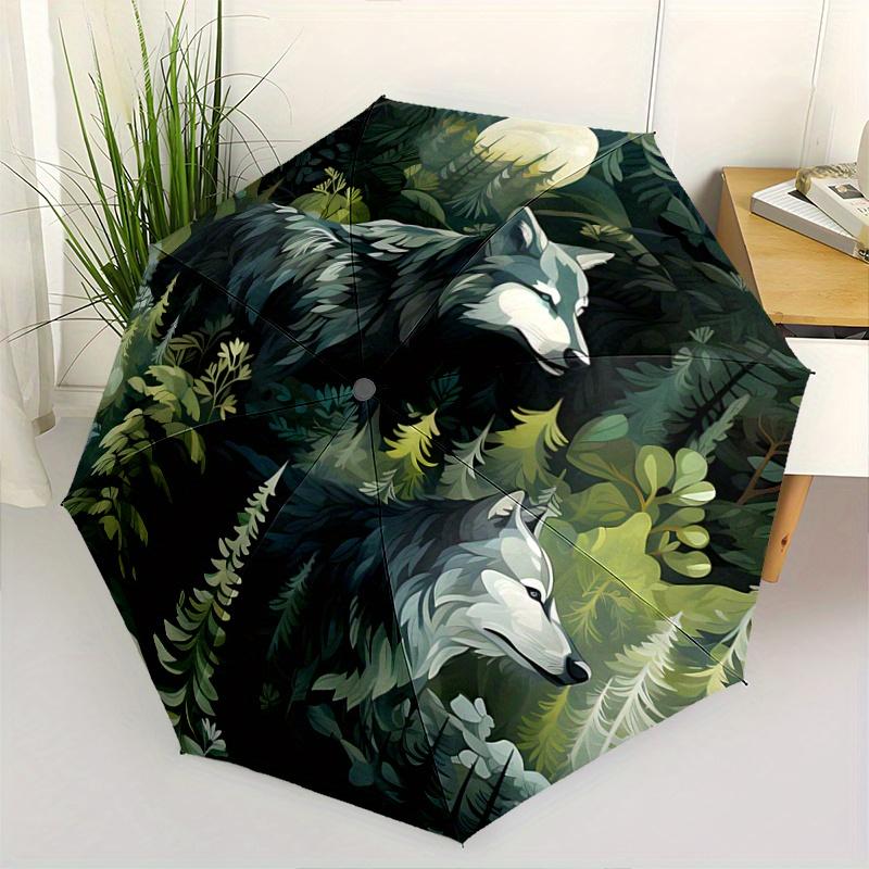 1pc Two Wolves In the Forest Automatic, Cute Cartoon Pattern, Portable Outdoor Umbrella, Perfect, Holiday Gift for fans.C037