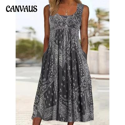 Women's Spring/summer Dress Vest Loose Holiday Style U-neck Print Sleeveless Dress