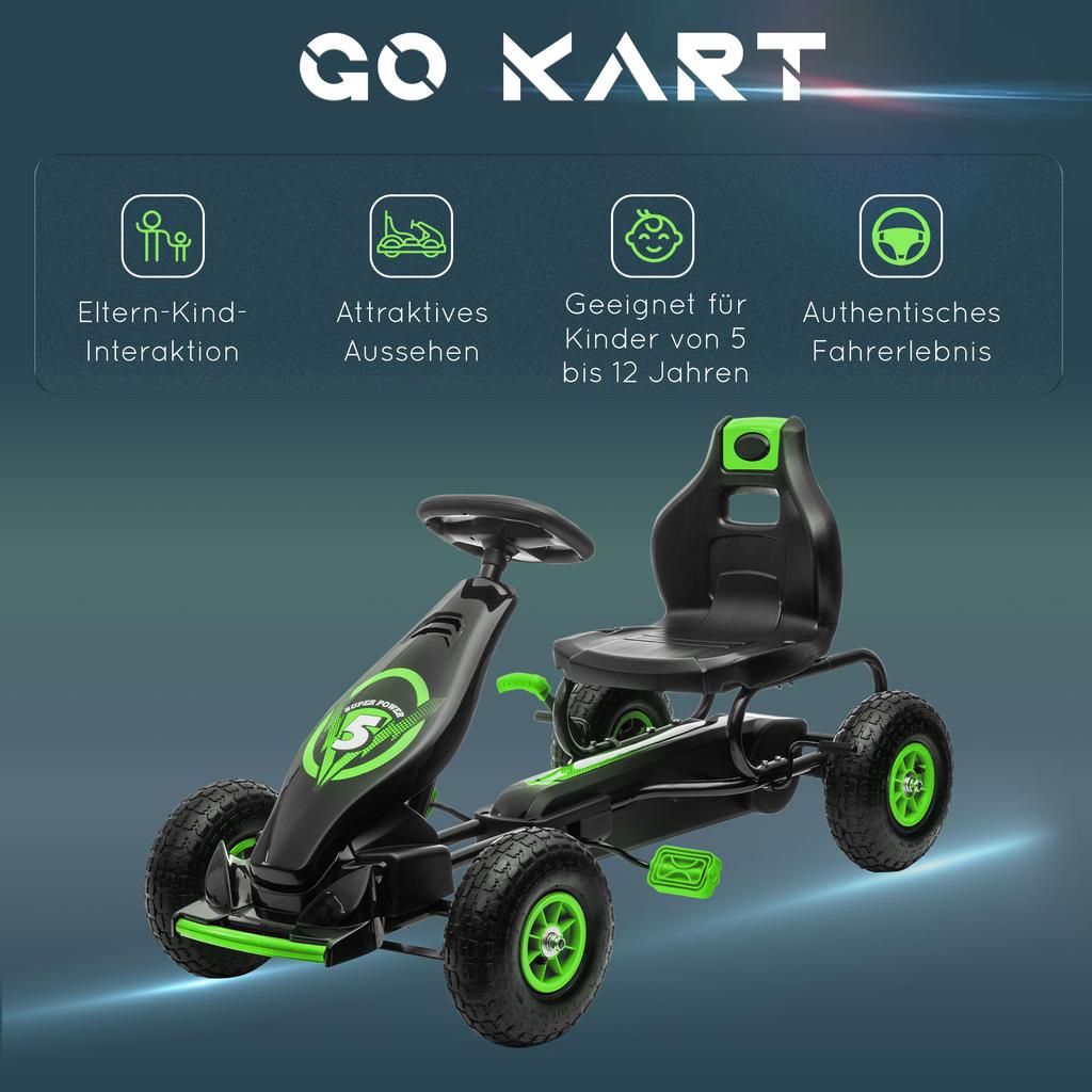 Kids Pedal Go Kart, with Adjustable Seat, Inflatable Tyres - Green