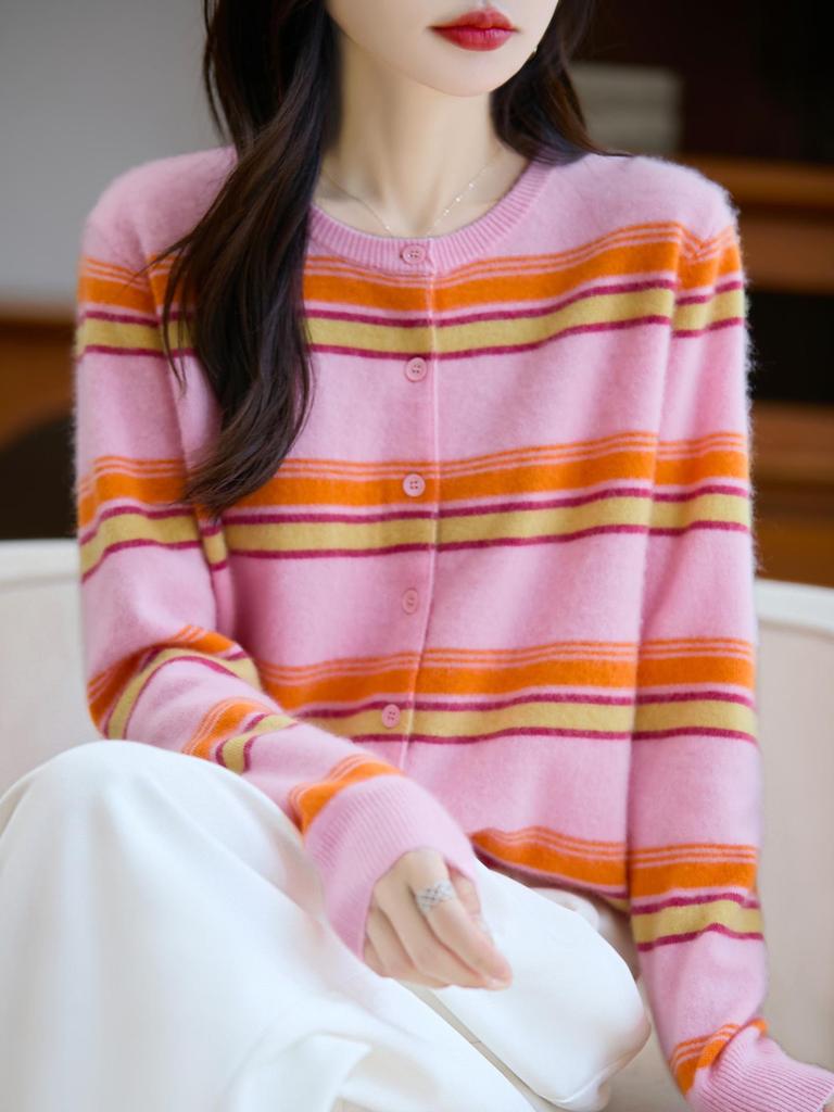 100% Wool Striped Cashmere Button-Up Sweater for Women - Korean Style, Autumn/Winter Collection