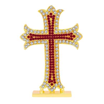 Nejnovější křesťanský Ježíš Kristus Symbol svatého kříže Červené Zlaté Kovové Umělecké dílo pro Palubní desku auta Domácí dekoraci Kancelářský stůl Umělecké dílo