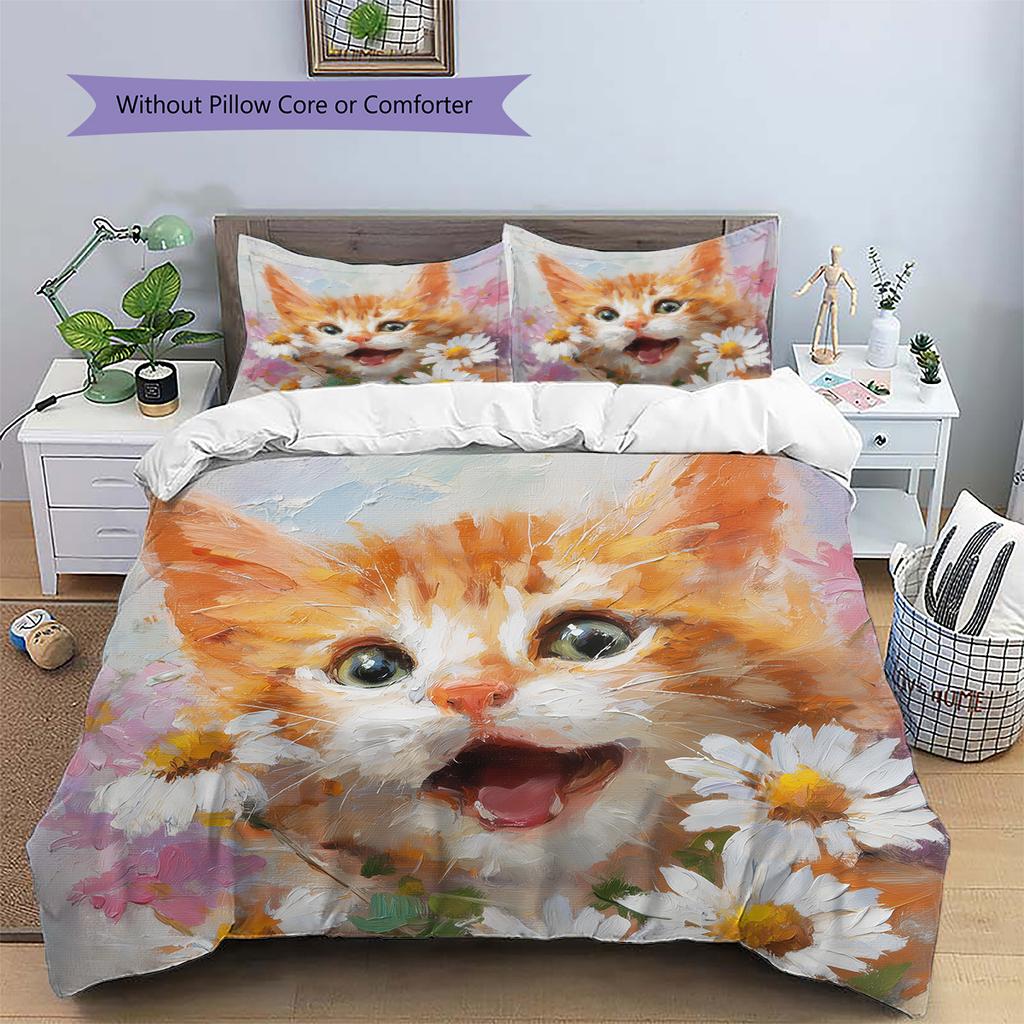 Cat Holding Flowers Pattern Bedding Quilt Set Home Decoration Gift (1 * Duvet Cover + 2 * Pillowcase, Without Core)