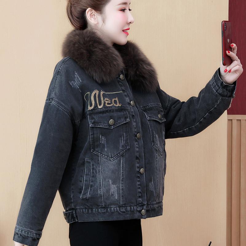 Toamnă și iarnă pentru femei, guler cu păr scurt, tunică din denim, cardigan cu fermoar, ocazional, confortabil, jachetă