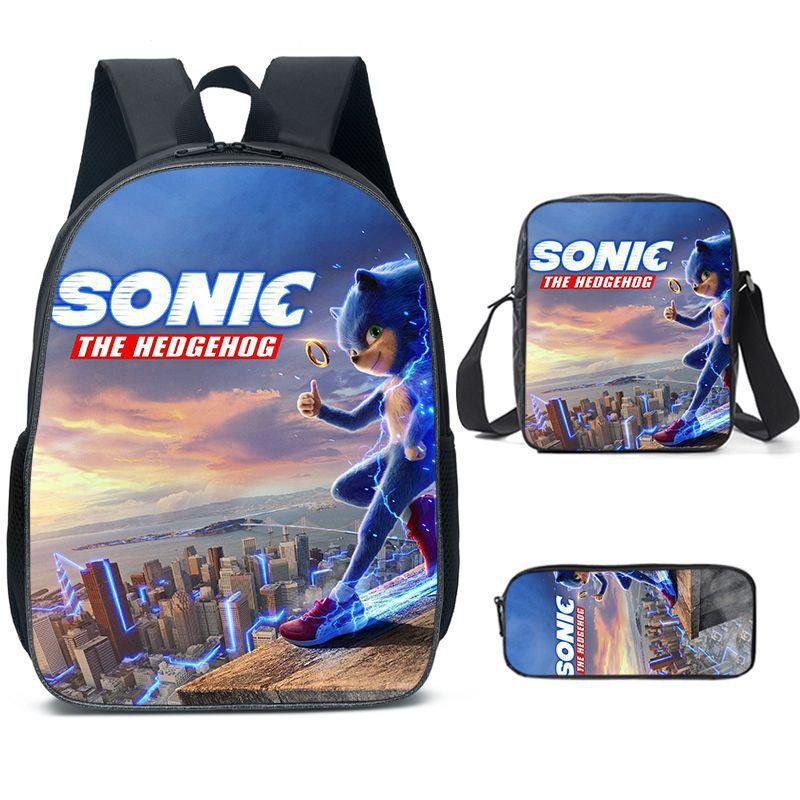 Sonic Backpack, Primary And Secondary School Students Schoolbag, Messenger Bag, Pencil Bag Three-Piece Set