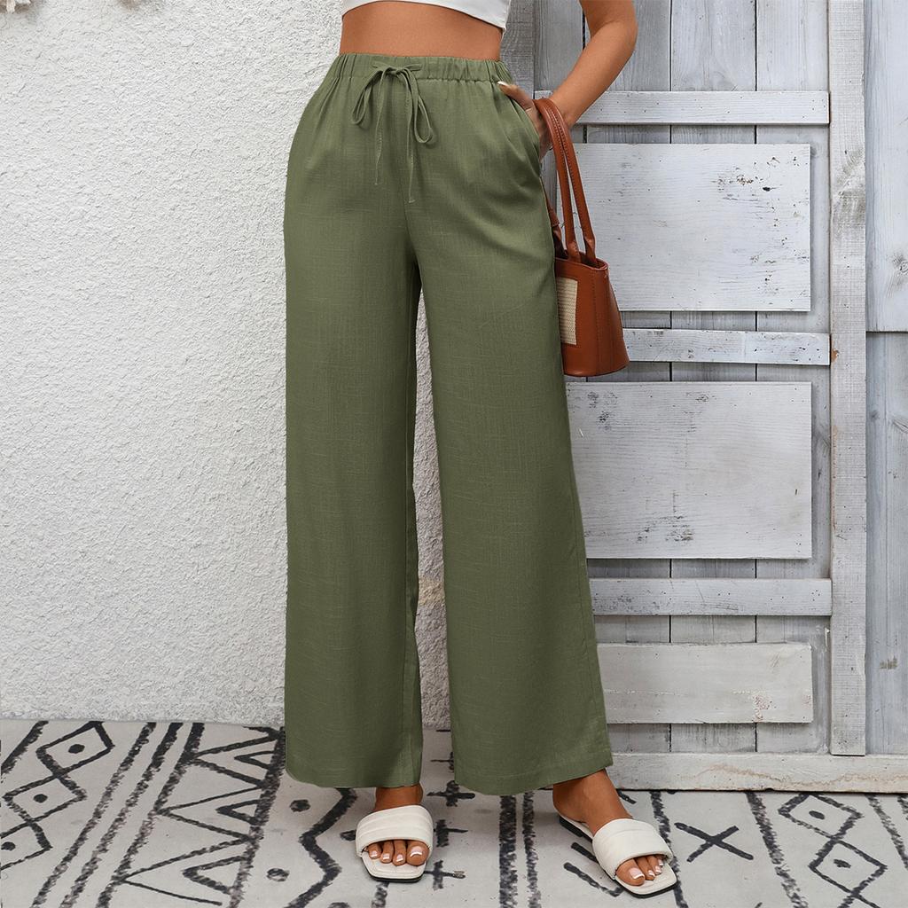 Women's Fashionable Color High Waist Casual Drawstring Pocket Loose Wide Leg Pants