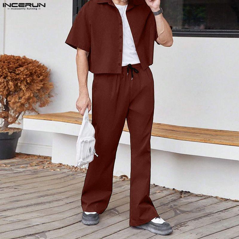 INCERUN Two Pieces Men Lapel Short Sleeve Cropped T-shirts Long Pants Sets Suits