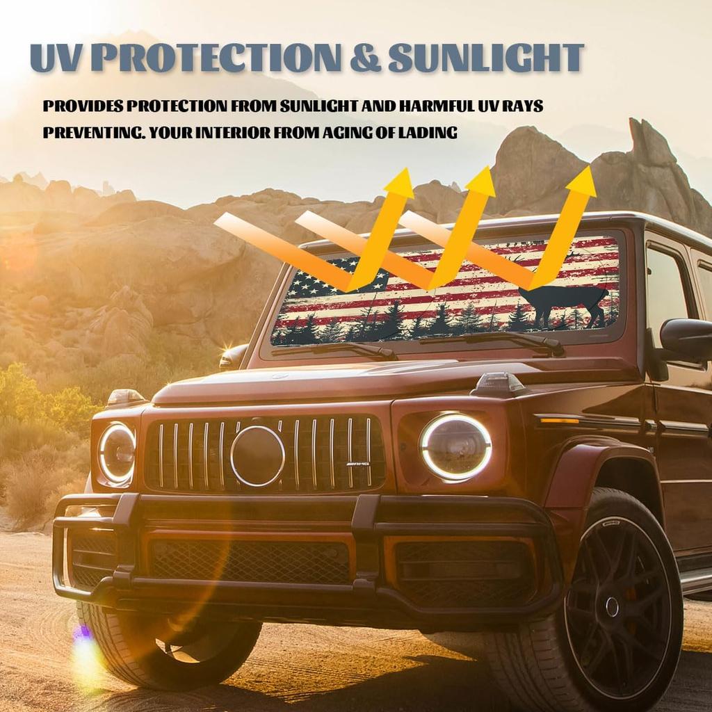 American Flag Deer Car Windshield Sun Shield, 59" L X 31.5" W, UV Protection, Foldable, Sedan & SUV Compatible