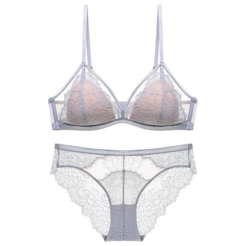 Ultradünnes Push-Up-BH-Set aus französischer Spitze: Kabellos, Mit festen Cups, Sexy Design für einen schlanken Look