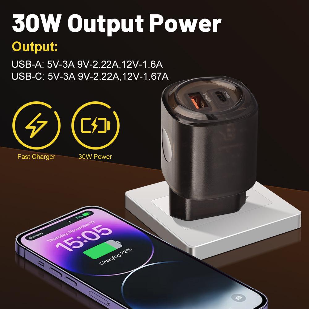 30W Dual Port USB & Type-C Fast Charger for US/EU - Mobile Phone PD Travel Charger