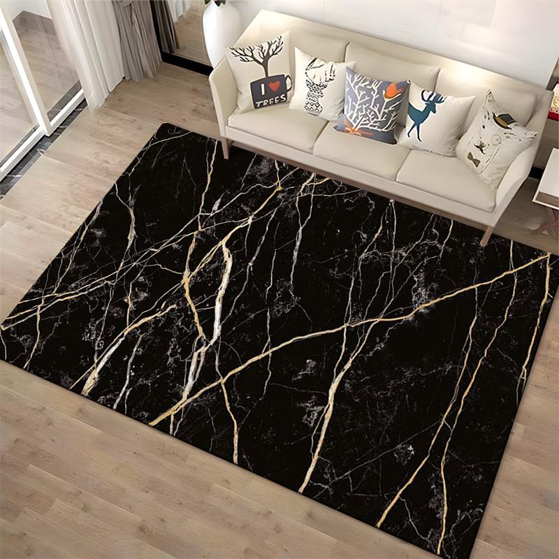 Black Marble Pattern Carpet with Gold Lines, Modern Living Room Rug Suitable for use as an anti-slip for living room bedroom sofas