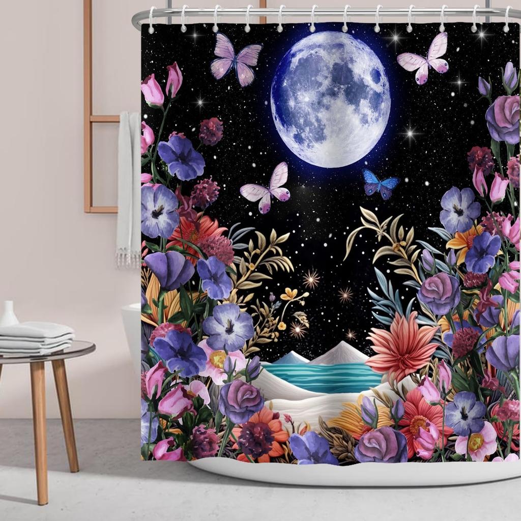 1P Colorful Garden Printed Waterproof Shower Curtain Bathe Partition Curtain Privacy Protection Multiple Sizes Machine Washable