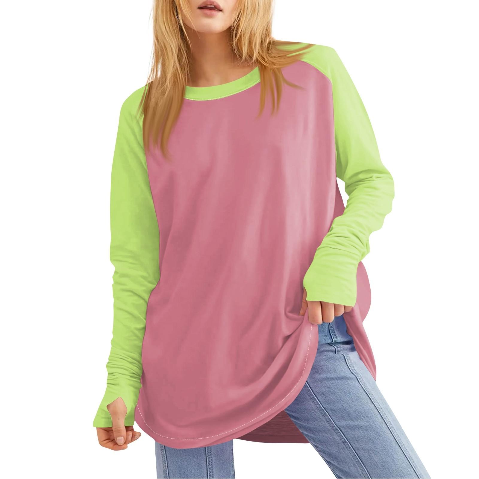 

Women s Color Block Round Neck Loose Long Sleeve Medium Length Leaky Thumb T-shirt Top XXXL