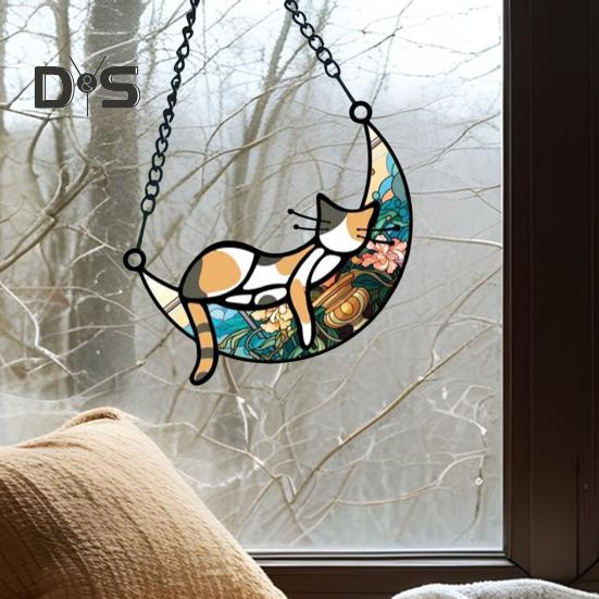 Cat Sleeping On Moon Hanging Decoration Living Room Wall Window Hanging Stained Glass Cartoon Kitten Suncatcher Colorful Acrylic Ornament Pendant