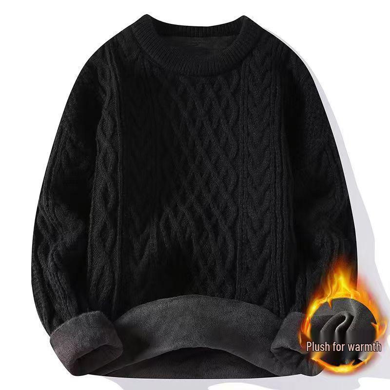 Luxury Autumn/Winter Velvet-Lined Cable Knit Sweater: Warm, Versatile, Thick Round Neck In Black & White