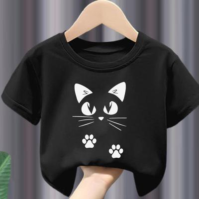 Nouveau T-shirt d'été à manches courtes pour enfants avec imprimé chat de dessin animé noir et blanc pour vêtements d'enfants Garçons Filles Vêtements