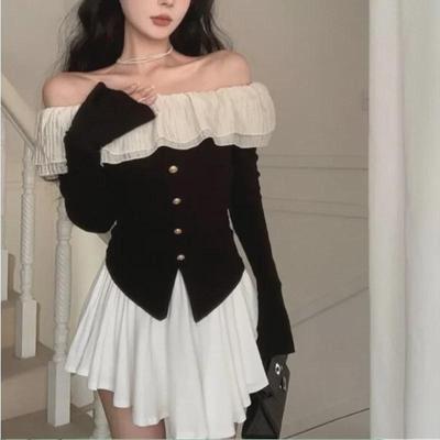 Herbst 2024 Französisches Off-Shoulder Rüschen Slim Top für Damen