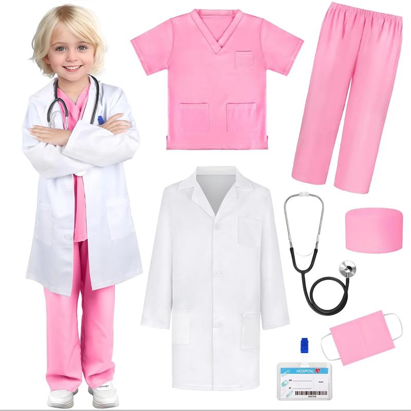 9pz Uniformi da Infermiere per Bambini e Bambine Camici Chirurgici Bianchi da Medico con Stetoscopio Costume per Festa di Carnevale dei Bambini