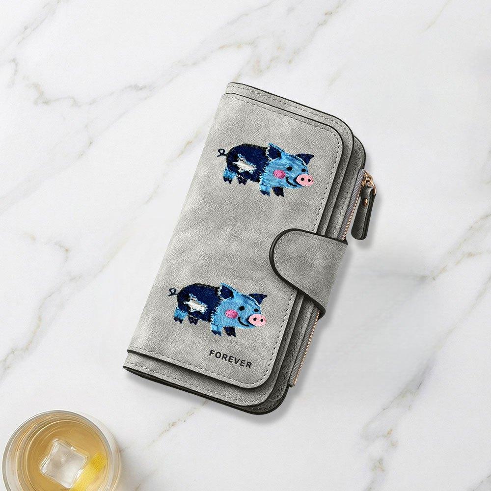Patchwork Denim Cute Pig Doll Print Long Wallet Multifunctional Portable Snap Button Coin Purse Unisex Perfect Birthday Gift for Daily Use Travel