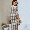 Popular European and American Spring and Autumn Knitted Long-sleeved Stand-up Collar Dress One-row Button Plaid Shirt Skirt