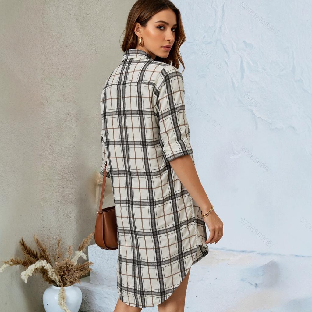 Popular European and American Spring and Autumn Knitted Long-sleeved Stand-up Collar Dress One-row Button Plaid Shirt Skirt