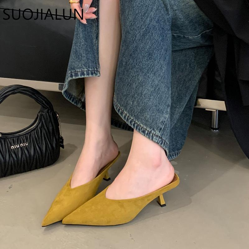 Fashion SUOJIALUN 2025 Autumn Women Slipper Fashion Pointed Toe Sahllow Slip On Mules Shoes Thin High Heel Outdoor Dress Sandal Pumps