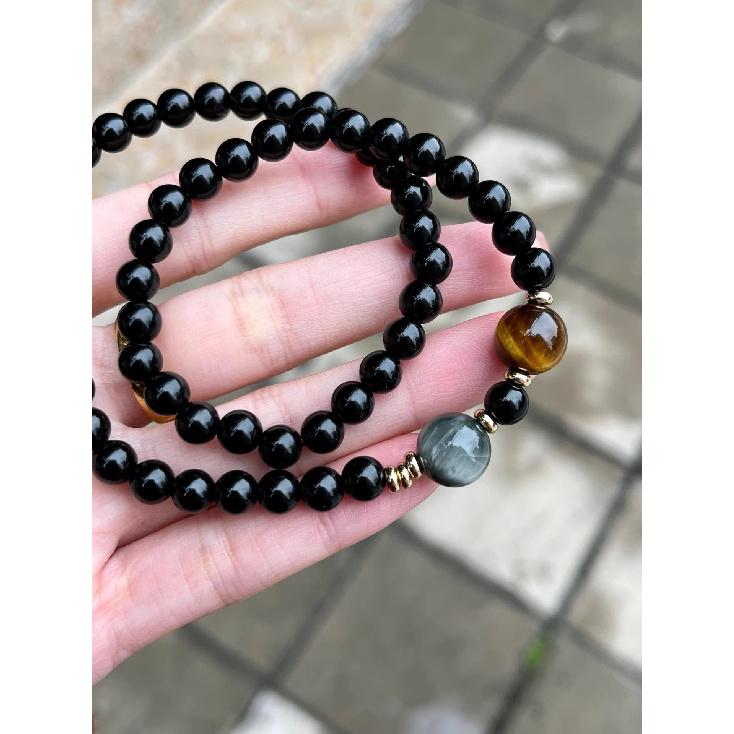 

Natural Silver Obsidian Bracelet for Good Luck and Health, Original Niche Jewelry Style Five Bracelet