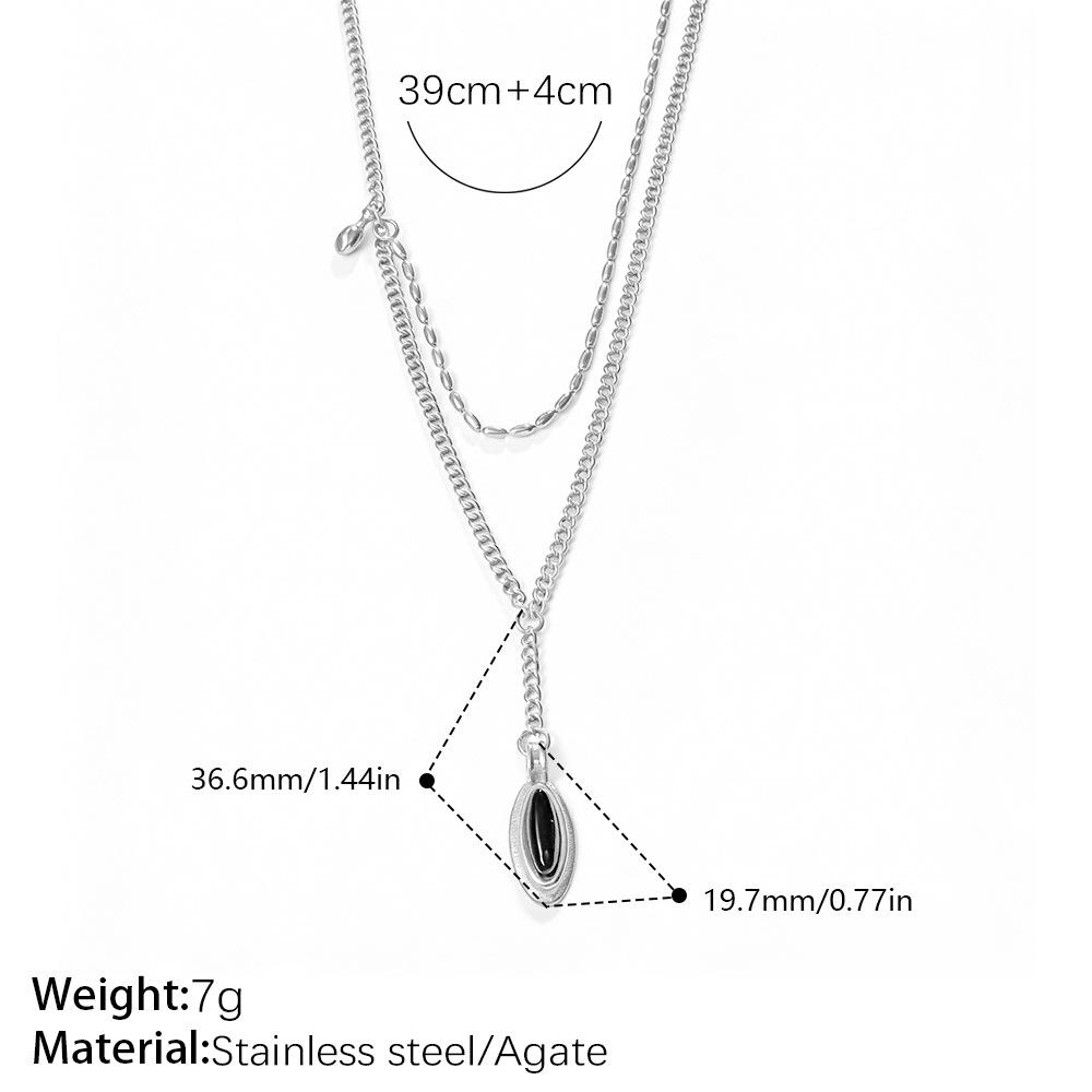 Vintage Stacked Wind Double-Layer Oval Black Agate Pendant Necklace Gold-Plated Square Black Zirconium Collarbone Chain